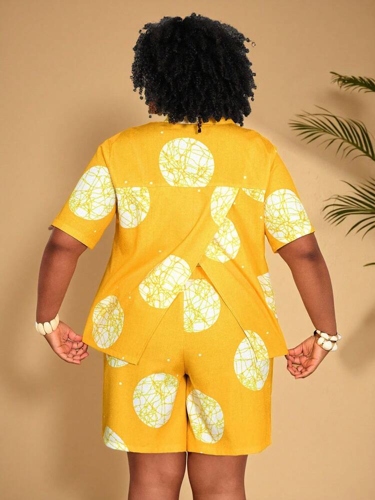 Plus Size Graphic Print Button Front Short Sleeve Top And Shorts Casual 2 Pieces Set  Summer Outfits Summer Clothes Spring Dress Spring Outfit Women Spring Clothing Beach Vacation Outfits For Women Vacation Dress Bohemian  Polka Dot 2 Pieces Set Summer Holiday Outfits  Women's Summer Two-Piece Sets