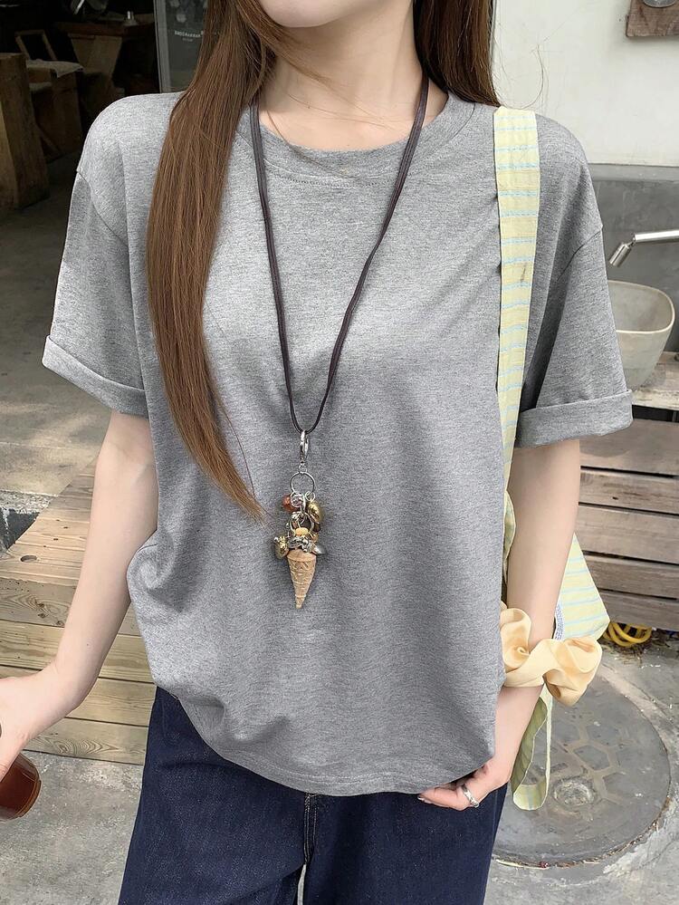 Casual Solid Color Short Sleeve T-Shirt, Versatile For Summer