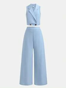 Nova Glow 青少年女童梭织翻领无袖衬衫和配套长裤两件套休闲套装 - 藍色 - 查看 3