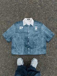 Manfinity Roghcode 男士字母印花短袖休闲衬衫，夏季款 - 藍色 - 查看 5