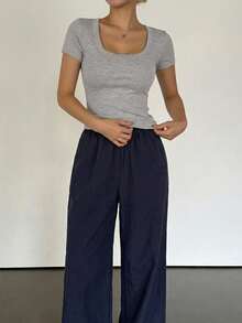 DAZY Comfortable Ribbed V-Neck Cropped Top Paired With Loose Straight Leg Pants Women Home Clothing Pajama Set - Grey - View 5