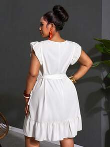 Slaydiva Vestido casual de talla grande con volantes en el bajo y unicolor - Blanco - View 4