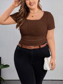 SHEIN Privé Plus Size Casual Solid Color T-Shirt, Versatile For Summer - Brown - View 3