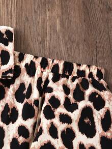 Young Girl Casual Vacation Spaghetti Strap Backless Bow Decor Leopard Print Tube Top & Woven Leopard Print Wide Leg Pants Set - Brown - View 5