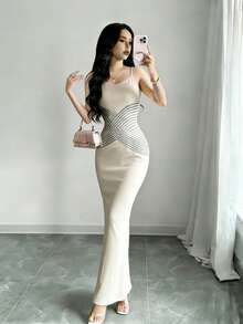 Modelyn 女士条纹纹理印花性感吊带修身长裙，夏季 - 彩色 - 查看 3