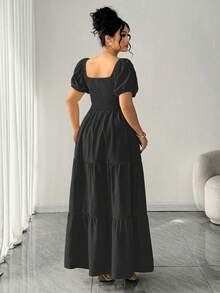 Elenzga Plus Size Women's Puff Sleeve Ruched Waist Flared Hem Split Hem Elegant Dress - Black - View 2
