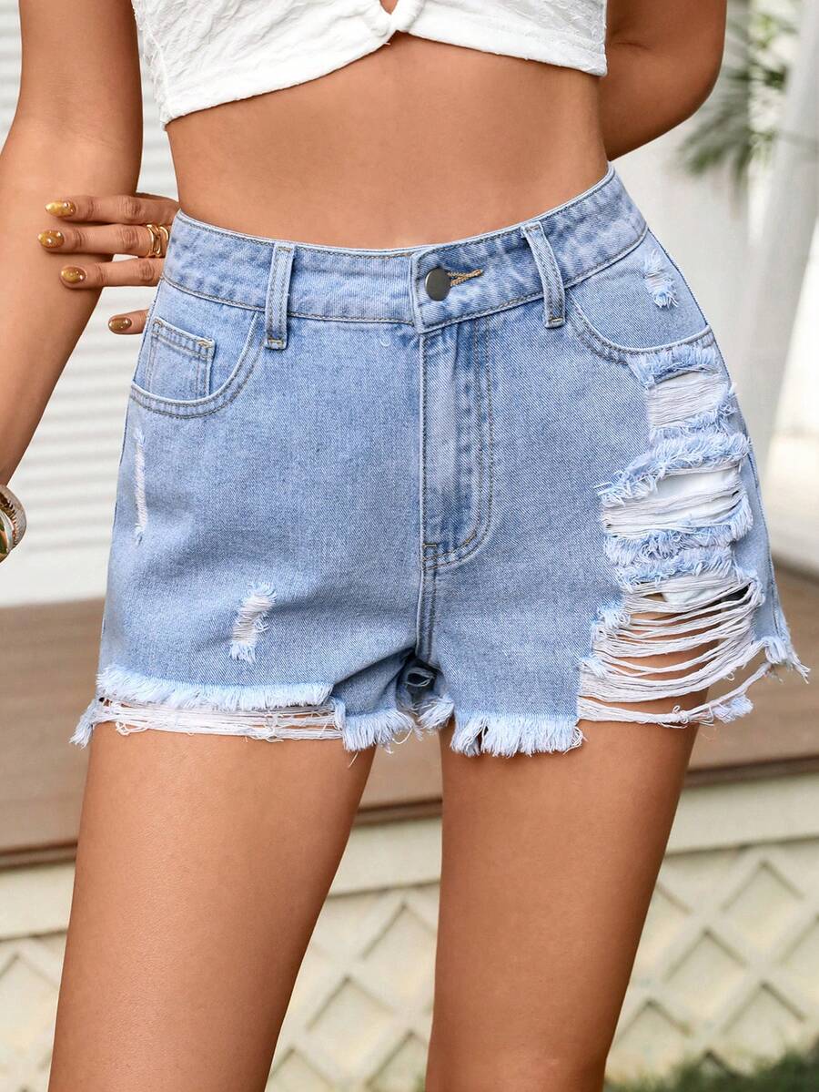 Breezaya Pastal Ripped Denim Casual Sexy Shorts For Summer Swimming - Blue - View 1