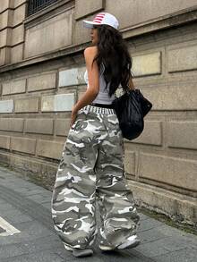 Coolane 男女夏季西部牛仔风街头服饰演唱会服装 Y2K 森林迷彩宽松低腰香蕉裤 - 灰色 - 查看 6
