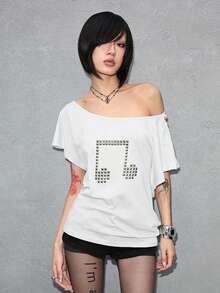 ROMWE Grunge Punk Camiseta suelta de unicolor con diseño de cruz remachada con láser, estilo Y2K punk, versátil - Blanco - Ver 5