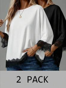 EMERY ROSE 2pcs/Set Women Casual Minimalist Contrast Color Lace Patchwork Loose Basic T-Shirt - Black and White - View 8