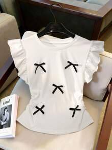 SHEIN 优雅通勤风荷叶边下摆短款T恤，适合青少年女孩 - 黑與白 - 查看 6
