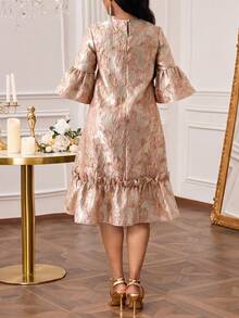 SHEIN Lady Vestido de fiesta elegante de mujer con dobladillo de volantes y estampado jacquard de longitud media - Rosa vieja - Ver 2