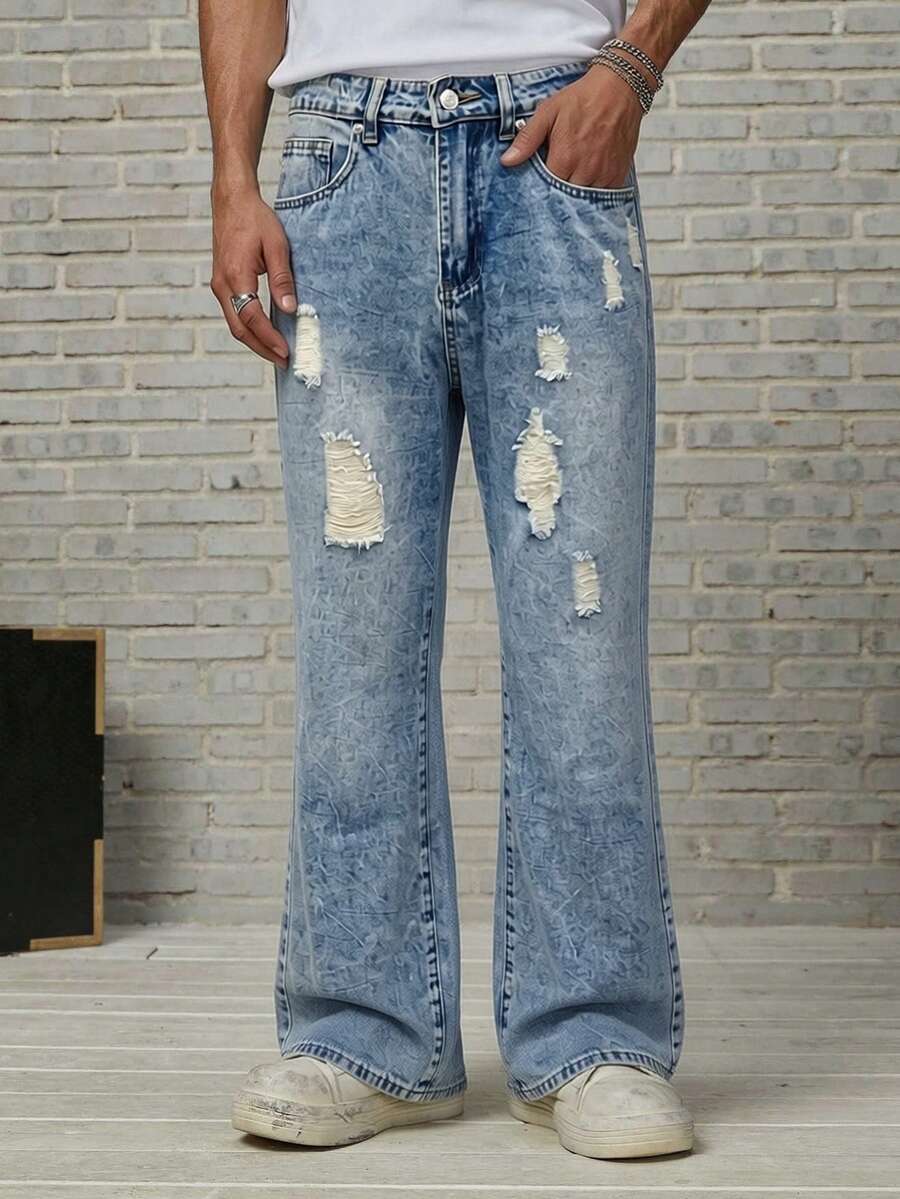 GALLERY FADE Men's Ripped Slant Pocket Casual Daily Denim Jeans - Light Wash - View 1