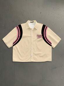StoneGrade Retro American Slogan Print Color Block Shoulder Splice Fashion Cropped Loose Fit Short Sleeve Shirt, Suitable For Dates, Parties, Outfit, Great Gift For Boyfriend - Khaki - View 2