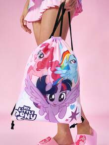 My Little Pony X SHEIN 1 件卡通印花抽绳背包，肩带长度可调节，健身包，帆布背包，休闲包，旅行包，运动沙滩包，暮光闪闪，云宝黛西，萍琪派。 - 淡紫色 - 查看 3