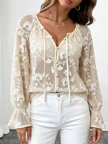 Silhoulove 1 Pack Women's Elegant Sexy White Floral Jacquard Knit Long Sleeve Top,V-Neck Pearl Buttons Flared Cuff Autumn Tea Party Golf Apricot Commute Blouse - Apricot - View 6