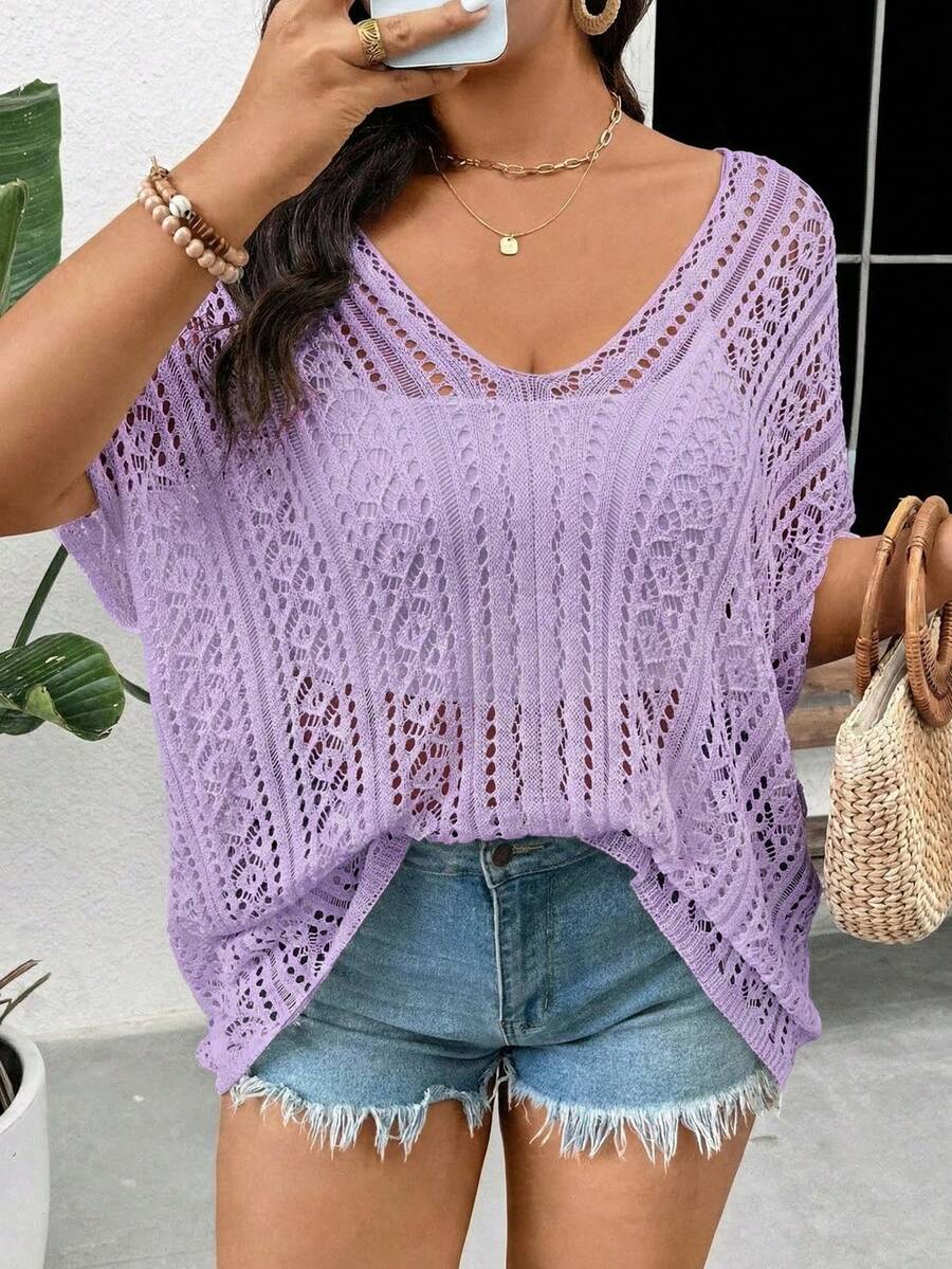 SHEIN Frenchy 大码休闲简约度假百搭女式套头针织衫，白色，适合休闲度假 - 紫色 - 查看 1