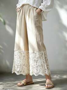 EMERY ROSE Women's Elastic Waist Lace Patchwork Casual Versatile Daily Wear Wide Leg Pants - Khaki - View 3