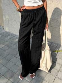 FavEase Women's New Solid Color Pure Cotton Slant Pocket Textured Casual Elastic Drawstring Pants, Versatile Minimalist Relaxed Fit Wide Leg Trousers In Black Textured Pattern, Suitable For Summer Outings, Vacations And Commuting, Slimming - Black - View 4