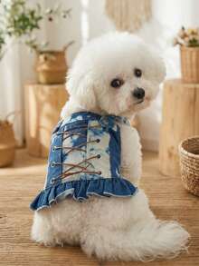 PETSIN 1件宠物公主裙，适合犬猫穿着，春夏小型犬服装，如泰迪马尔济斯犬。 - 深藍 - 查看 2