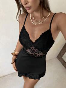 Aloruh Váy ngủ gợi cảm INS Sweet Girl ren chắp vá - màu đen - Xem 7