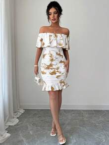 Tropical Print Off Shoulder Ruffle Trim Ruched Bodycon Dress Vacation Beach Outfits Women - Multicolor - View 5