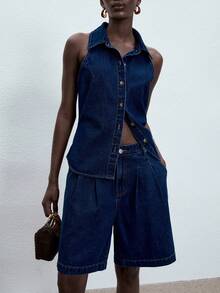 ATUI Studio Women's Casual Denim Set – Soft Cotton Jean Jacket & Shorts For Summer Beach & Vacation - Blue - View 5