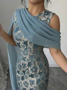 Elenzga 女士热销金色提花面料收腰长裙，搭配优雅雪纺披肩，适合春夏各种场合，如派对、约会、购物等。 - 藍色 - 查看 8