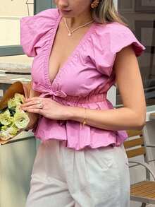 Livesso Summer Beach Party Holiday, Pink Puff Sleeve Deep V-Neck Tie Waist Cotton Women Top - Pink - View 9