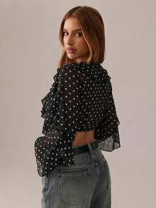 Radiana Blusa de gasa negra con lunares elegante y sexy para mujer, blusa de gasa negra fluida, blusa con volantes multicapa, blusa de manga larga con cuello en V y lazo delantero, top negro sexy, top corto, primavera/verano - Negro - Ver 2