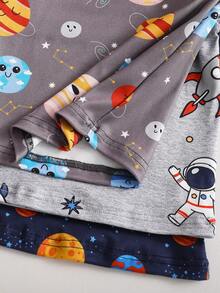 SHEIN Playful Pals Set Piyama Anak Laki-Laki Motif Kartun Galaksi & Hewan Laut, Pas Badan, Kaos dan Celana Pendek - MultiWarna - View 5