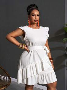 Slaydiva Vestido casual de talla grande con volantes en el bajo y unicolor - Blanco - View 8