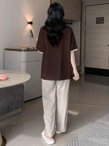 DAZY Letter Graphic Contrast Trim Drop Shoulder Lounge Set Pajama - Brown - View 2