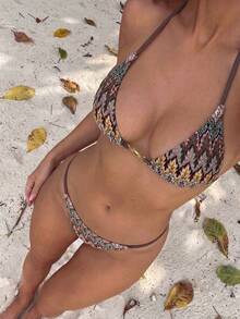 Swim Mod Women's 26SS Spring/Summer New Crochet Fabric V-Neck Backless Triangle Bikini Set With Studded Logo, Beach Vacation - Multicolor - View 7