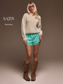 MUSERA Quần short satin co giãn, kiểu dáng dễ thương, viền ren, thích hợp cho kỳ nghỉ hè, phong cách boho, quần dài mùa xuân, đi nghỉ mát, thường ngày, dự tiệc Ibiza, lễ hội. - màu xanh lá - Xem 6