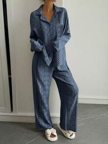 DAZY Floral Print Chiffon Fabric Women Pajama Set, Vacation Style, Winter Clothes - Blue - View 4