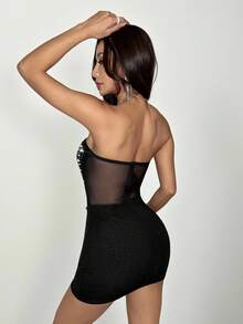 SHEIN PETITE Đầm ngắn cúp ngực đính hạt cườm dành cho nữ, kiểu dáng đơn giản, thích hợp mặc hàng ngày. - màu đen - Xem 3