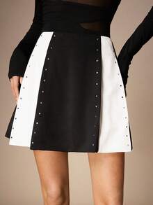 Maija 女士黑色亮片装饰褶皱A字裙，百搭时尚闪亮铆钉装饰褶皱裙，适合派对、约会、办公室、休闲、低调优雅的都市通勤、杂志编辑同款、轻松街头咖啡馆风、海滩等场合，春夏皆宜，情人节连衣裙、派对裙、春季女装、夏季S码、女士夏季裙装、情人节、女士海滩S码、优雅女士衬衫、夏季度假S码、女士休闲衬衫、黑白撞色、美甲、春假 - 黑與白 - 查看 6