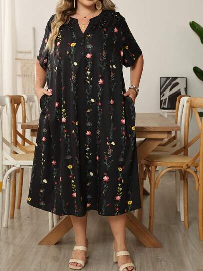 SHEIN CURVE+ Plus Size Women's V-Neck Casual Floral Print Resort Dress