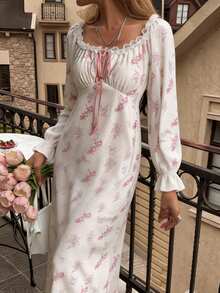 DAZY Romantic French Polka Dot & Floral Allover Print Ruffle Trim Open Front Waist Cinched Women Nightgown Pajama - Pink - View 2