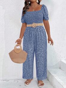 SHEIN Clasi Plus Size Ditsy Floral Square Neck Short Sleeve Jumpsuit - Blue - View 3