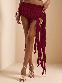 SHEIN BAE Spring & Summer Solid Pink Low-Waist Asymmetric Ruffled Hem Elegant Sweet Skirt, Beach Holiday Graceful - Burgundy - View 5
