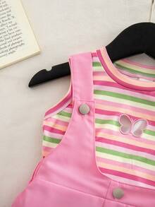 SHEIN Cute Summer Pink Striped Baby Girl Set,Knitted Butterfly Top & Suspender Skirt,Casual Baby Overalls For Vacation Outings - Hot Pink - View 9