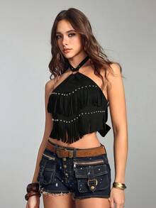 ROMWE Hippie 嬉皮风复古金属多层流苏女式背心 - 黑色 - 查看 2