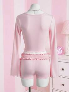 SHEIN X Care Bears Bộ đồ ngủ nữ in hình hoạt hình gồm áo croptop và quần short - Hồng - Xem 2