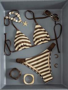 Swim Mod 女士春夏沙滩音乐节条纹针织提花面料露背高衩褶皱性感可爱比基尼套装 - 彩色 - 查看 3