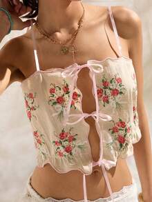 Easelle 女士吊带碎花系带荷叶边下摆无袖复古露脐背心，夏季女士背心，可爱夏季上衣，女士夏季上衣，系带上衣 - 彩色 - 查看 5