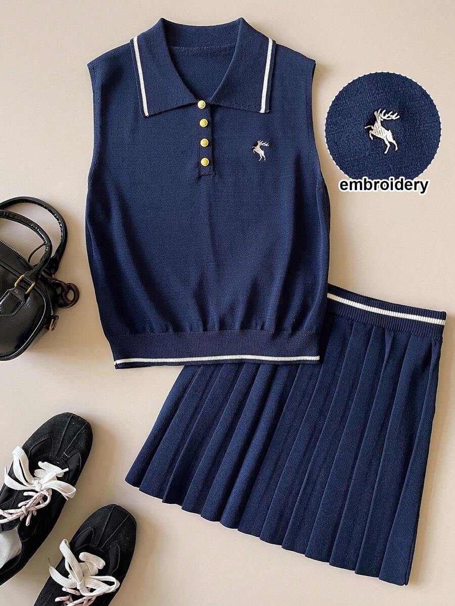 Muvela Navy Blue Women's Collared Button-Up Sleeveless Knit Vest & Mini Skirt 2 Pieces Set, Versatile For Spring/Summer Y2K, Office, Social Events - Navy Blue - View 1