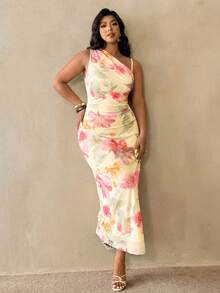 Auralis 大码女士优雅简约时尚基础款ins风连衣裙，适合办公室、通勤、音乐节、海滩度假等场合。这款浅黄色/淡黄色印花透视网纱无袖不对称领口褶皱修身连衣裙，浪漫网纱海滩度假连衣裙/网纱长裙/舞会/婚礼季/情人节/派对/性感/通勤/优雅浪漫/生日派对/音乐节等场合穿着。女士最新款印花长裙，单肩连衣裙，女士印花连衣裙，休闲度假连衣裙。 - 彩色 - 查看 6