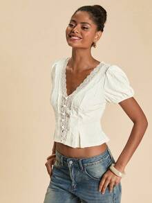 SHEIN TRVLCHIC Women's Elegant Solid Color Lace Patchwork Blouse, Summer,Summer Top - Apricot - View 6
